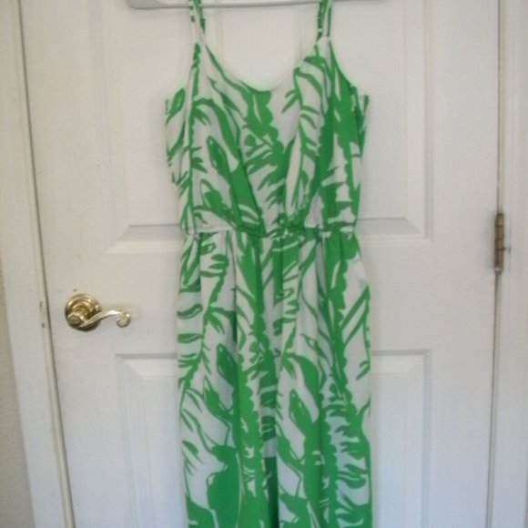 Lilly Pulitzer XS Green and White Palm Print Back Zip Silk Slip Maxi Jumpsuit - Picture 1 of 6